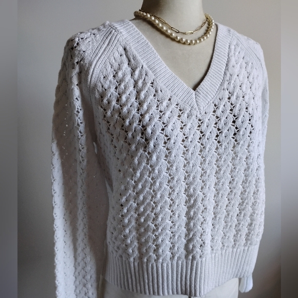 Talbots Sweaters - Talbots Cotton Open Knit White V-Neck Sweater Cropped Classic Size Medium Petite